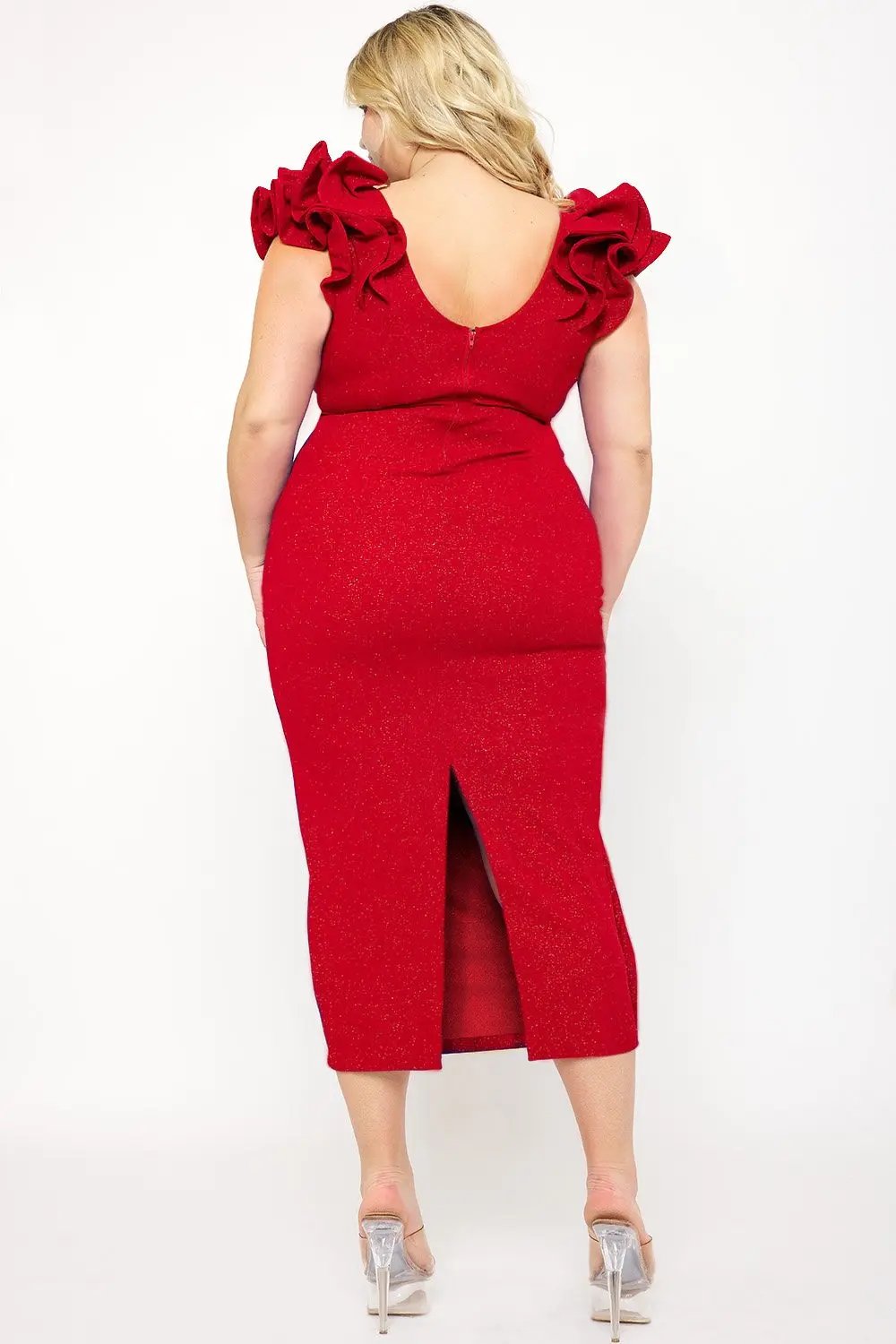 Plus Size Midi Dress – Glitter Ruffle Shoulder & Deep V-Neck Design BOUTINIE