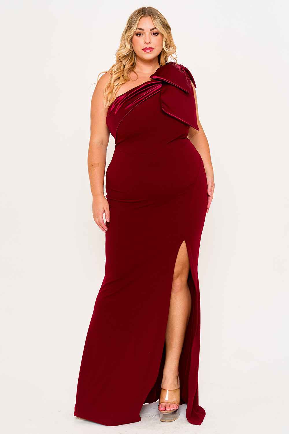 One Shoulder Satin Bow Plus Maxi Dress