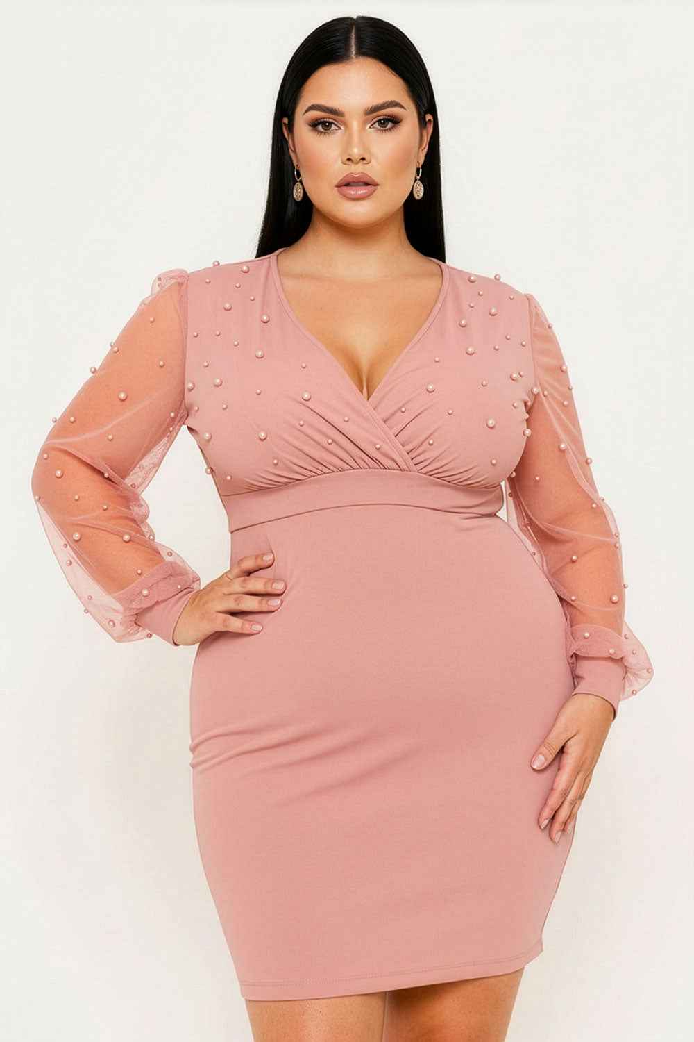 Pearl Beaded On Mesh Plus Size Mini Dress