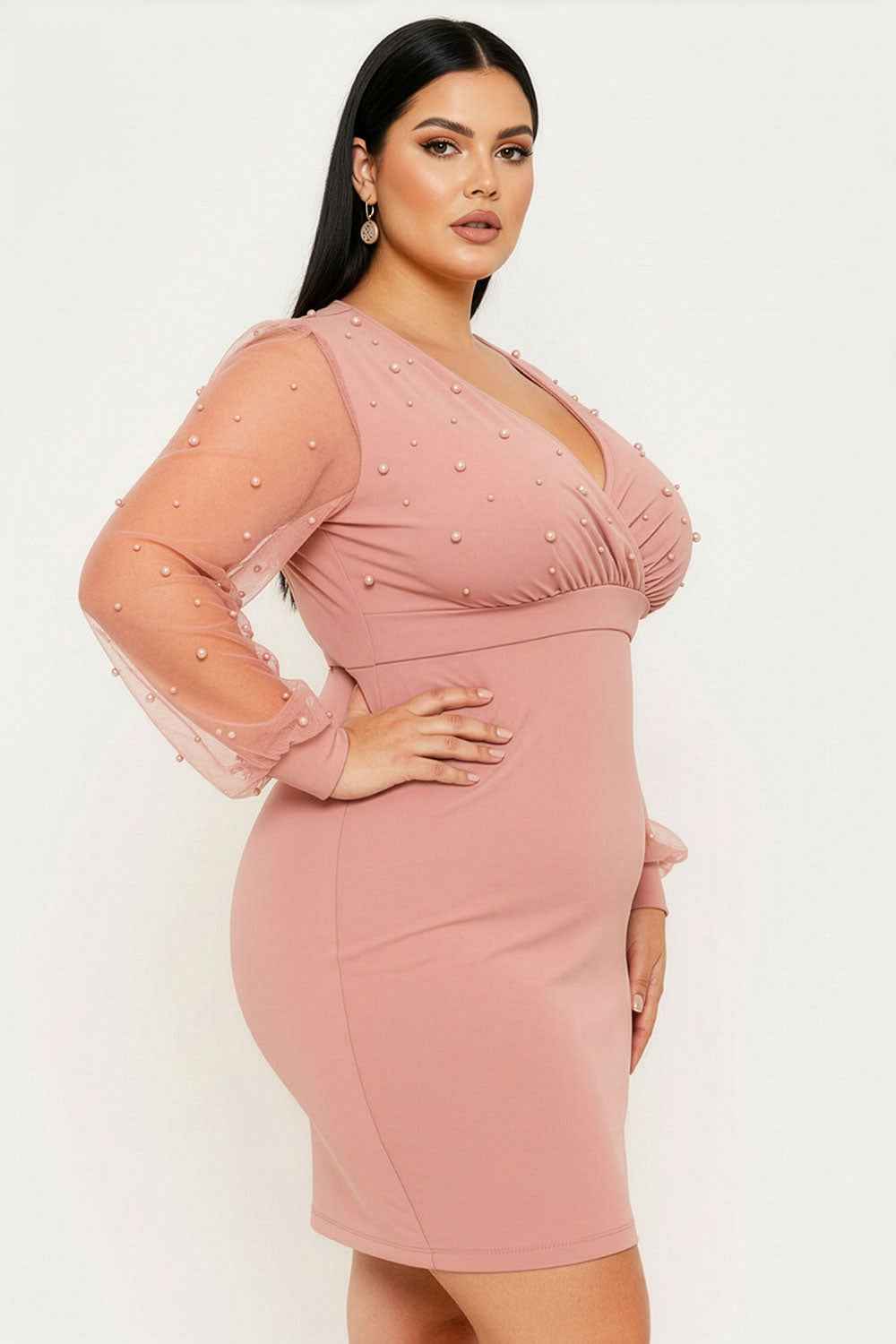 Pearl Beaded On Mesh Plus Size Mini Dress