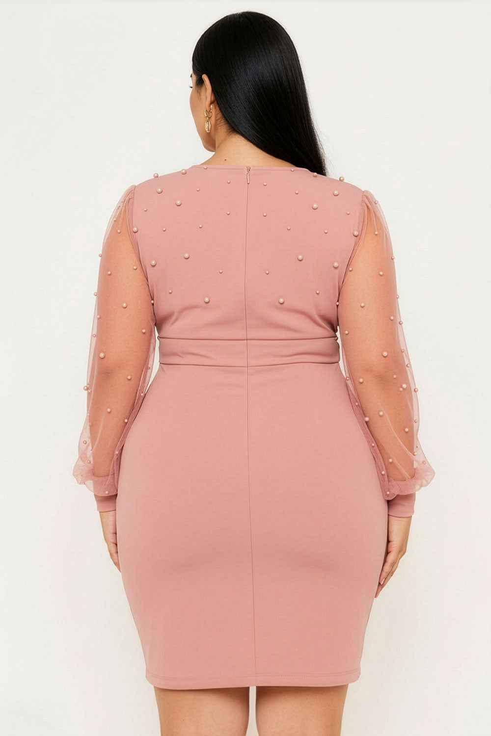 Pearl Beaded On Mesh Plus Size Mini Dress