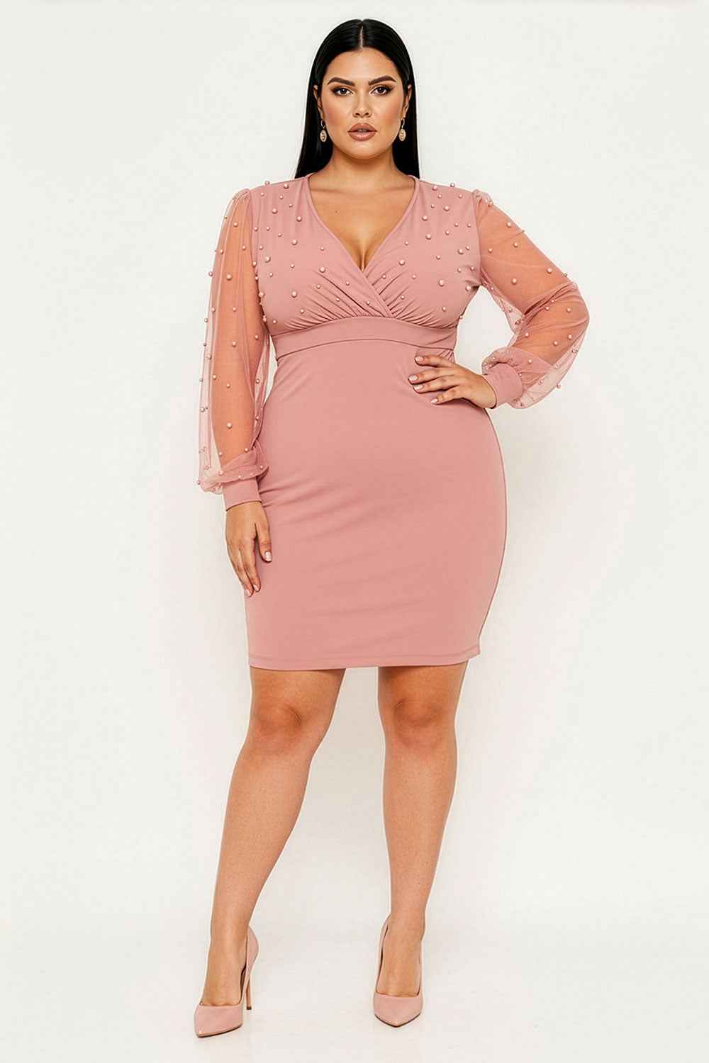 Pearl Beaded On Mesh Plus Size Mini Dress