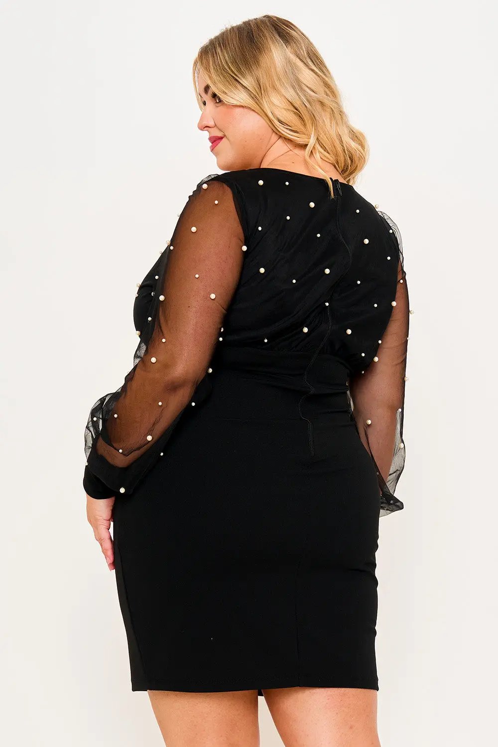 Plus Size Mini Dress - Pearl Beaded Mesh Overlay With Plunging V Neckline BOUTINIE