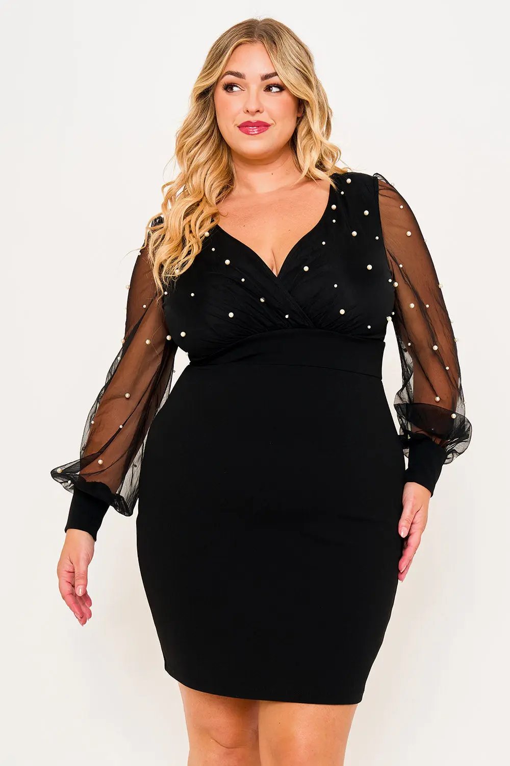 Plus Size Mini Dress - Pearl Beaded Mesh Overlay With Plunging V Neckline BOUTINIE