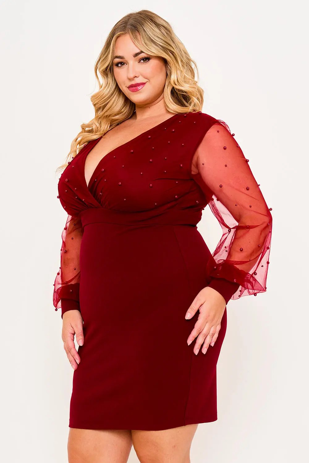 Plus Size Mini Dress - Pearl Beaded Mesh Overlay With Plunging V Neckline BOUTINIE