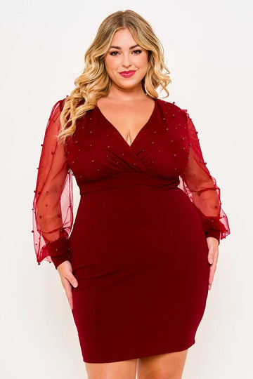 Plus Size Mini Dress - Pearl Beaded Mesh Overlay With Plunging V Neckline BOUTINIE