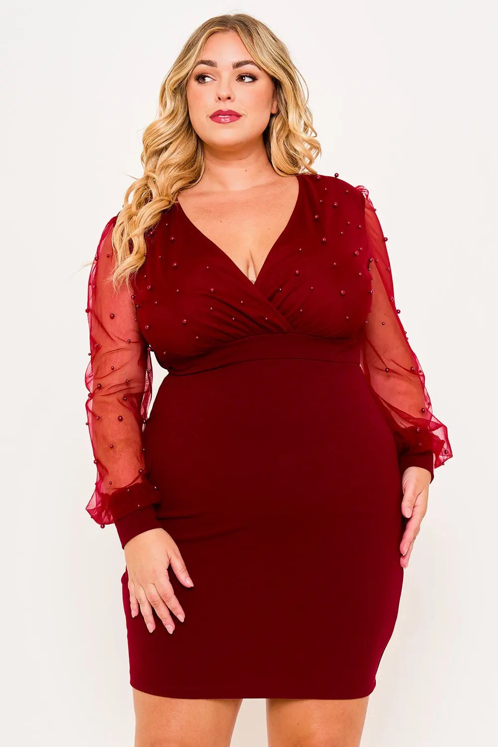 Plus Size Mini Dress - Pearl Beaded Mesh Overlay With Plunging V Neckline BOUTINIE