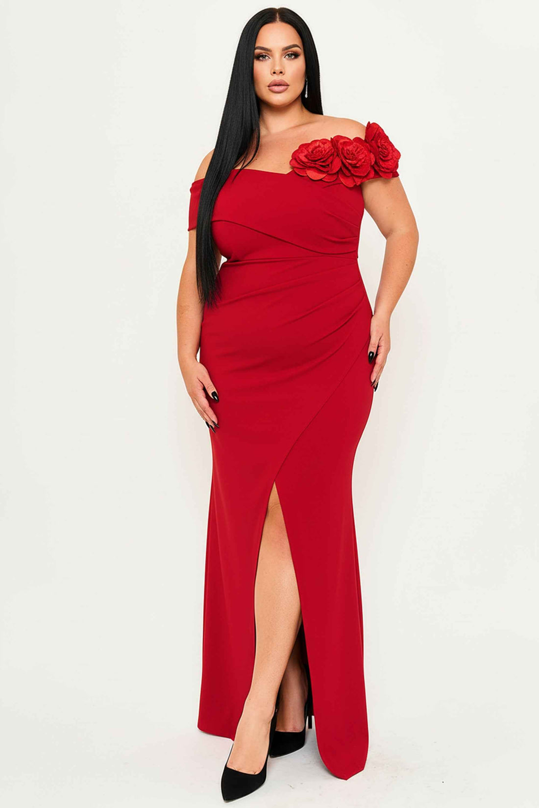 Flower Corsage Off Shoulder Plus Maxi Dress – Black | Boutinie