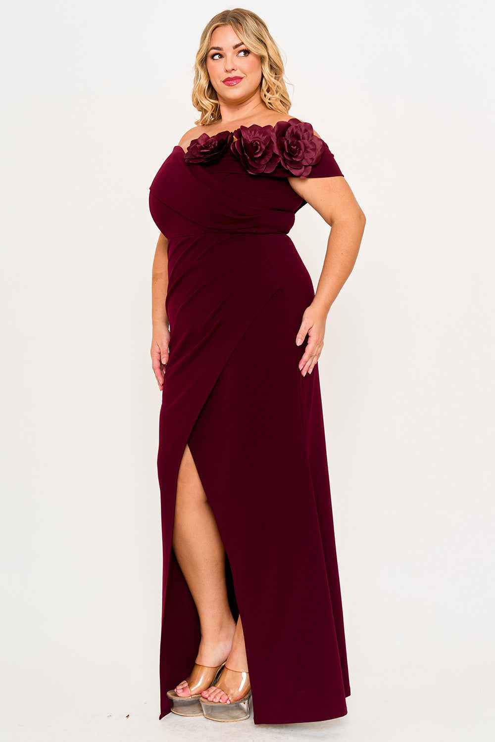 Flower Corsage Off The Shoulder Plus Maxi Dress