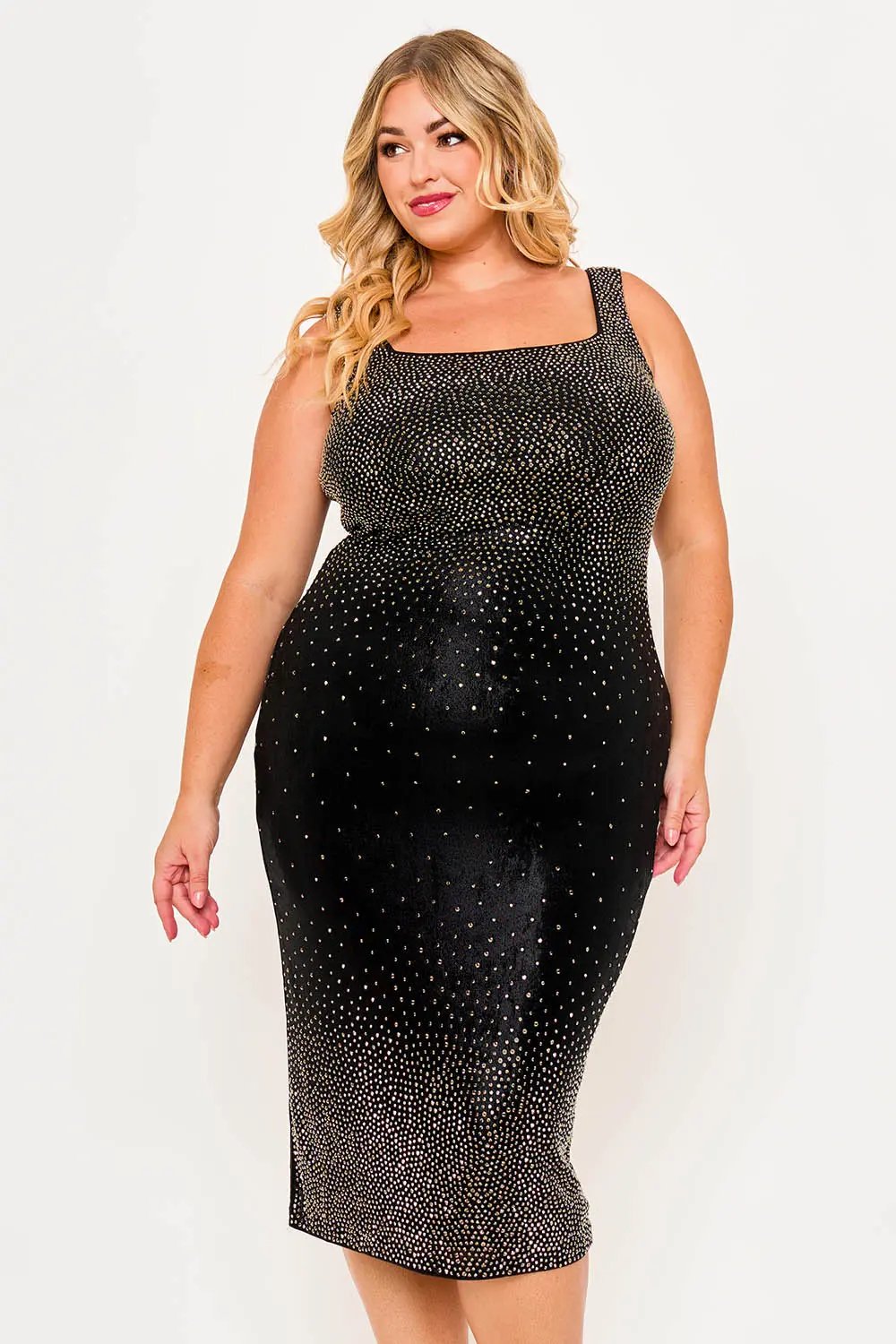 Plus Size Midi Dress – Gradient Rhinestone Sleeveless Square Neck Evening Wear BOUTINIE