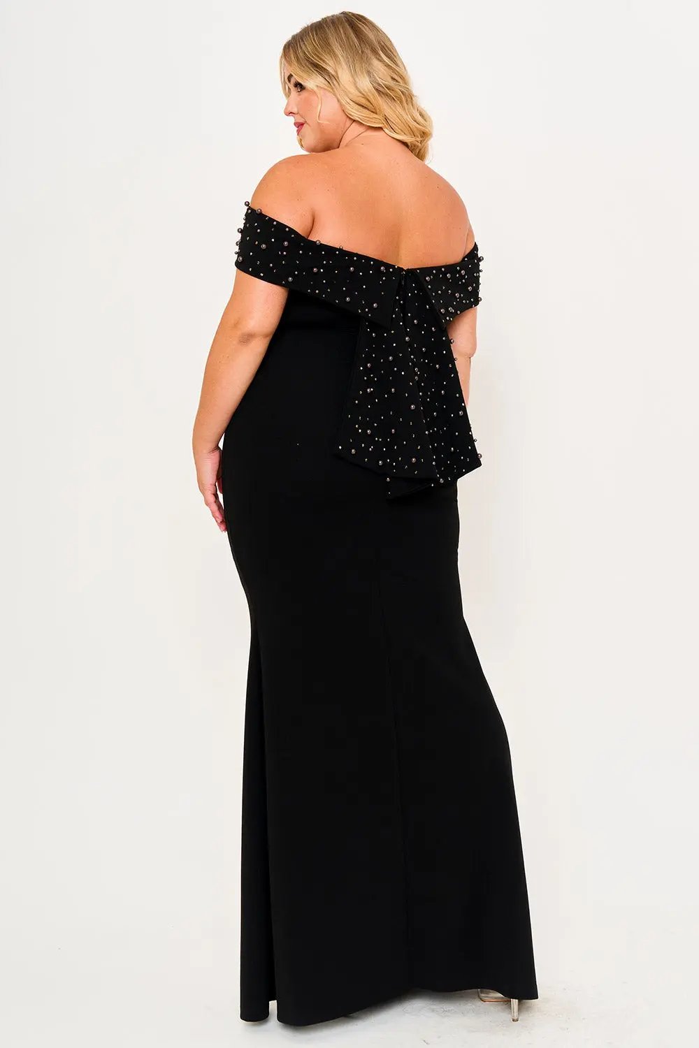 Plus Size Maxi Dress - Pearl Beaded Off Shoulder Mermaid Gown With Slit BOUTINIE