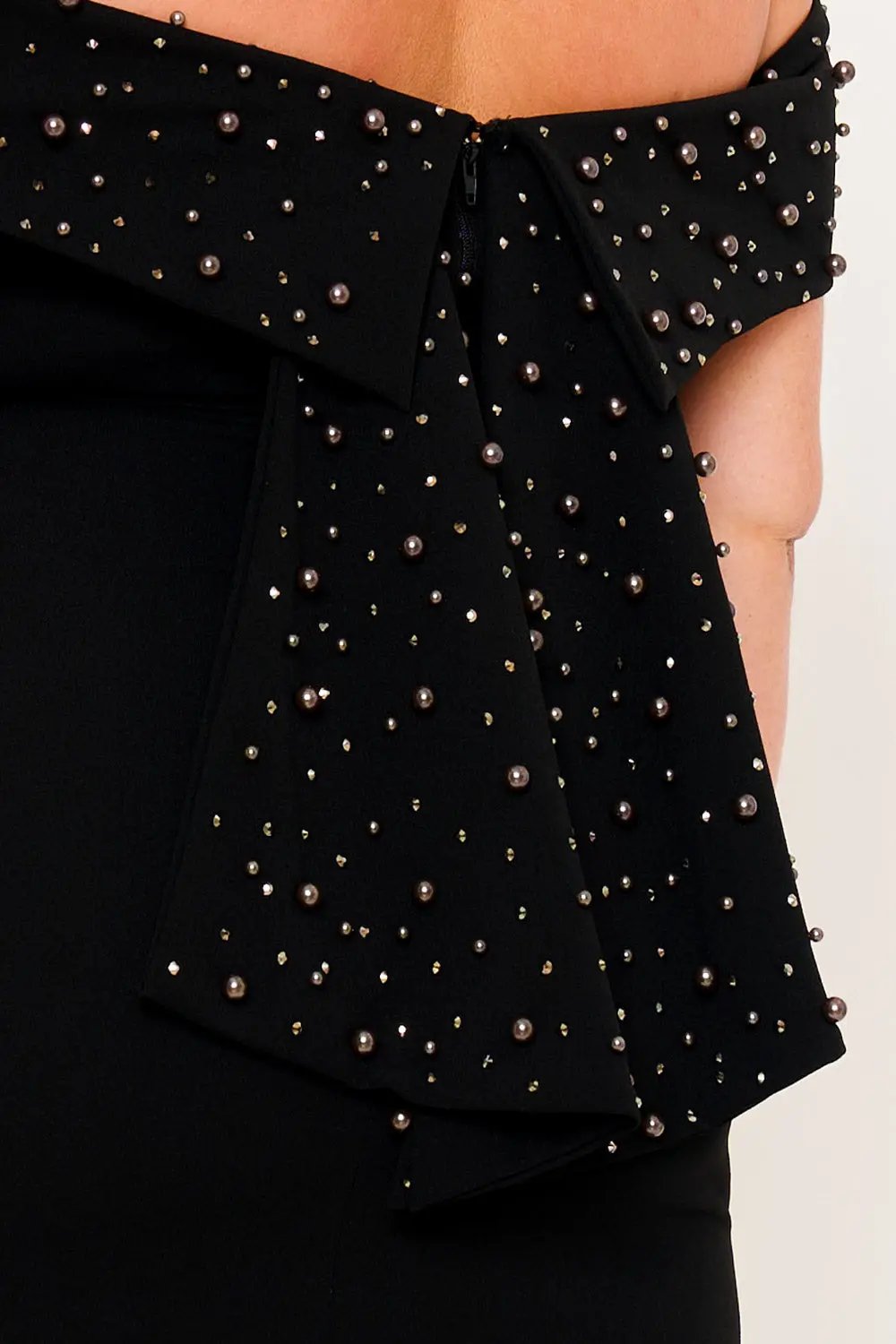 Plus Size Maxi Dress - Pearl Beaded Off Shoulder Mermaid Gown With Slit BOUTINIE