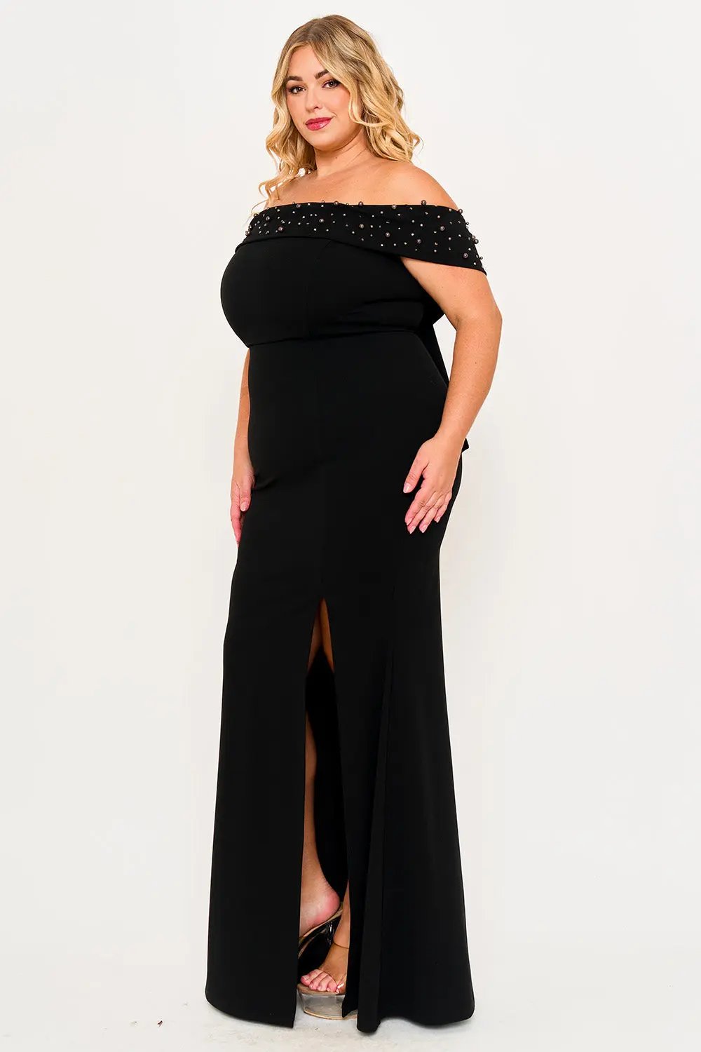 Plus Size Maxi Dress - Pearl Beaded Off Shoulder Mermaid Gown With Slit BOUTINIE