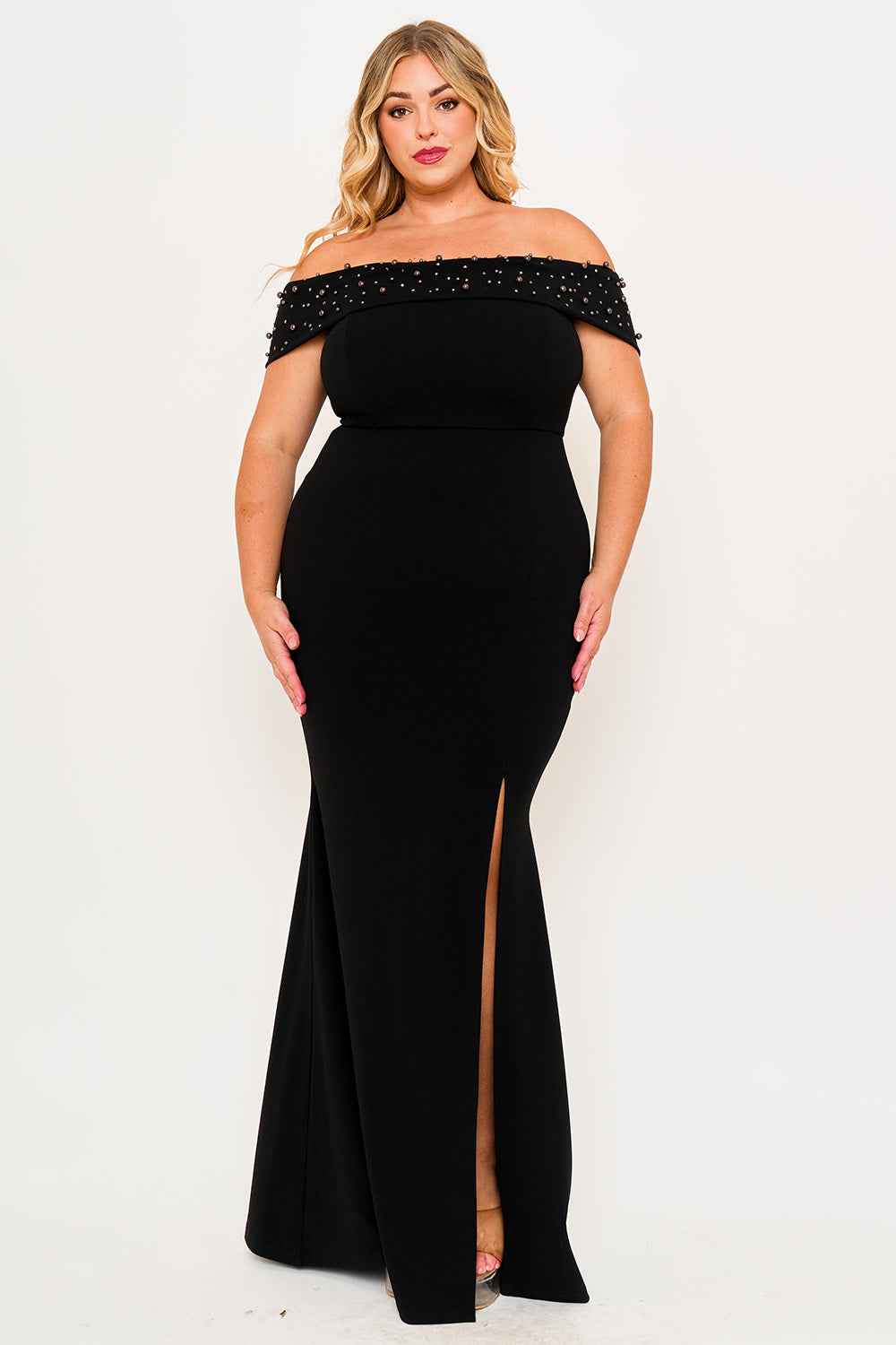 Pearl Beaded Off Shoulder Plus Size Maxi Dress – Black | Boutinie