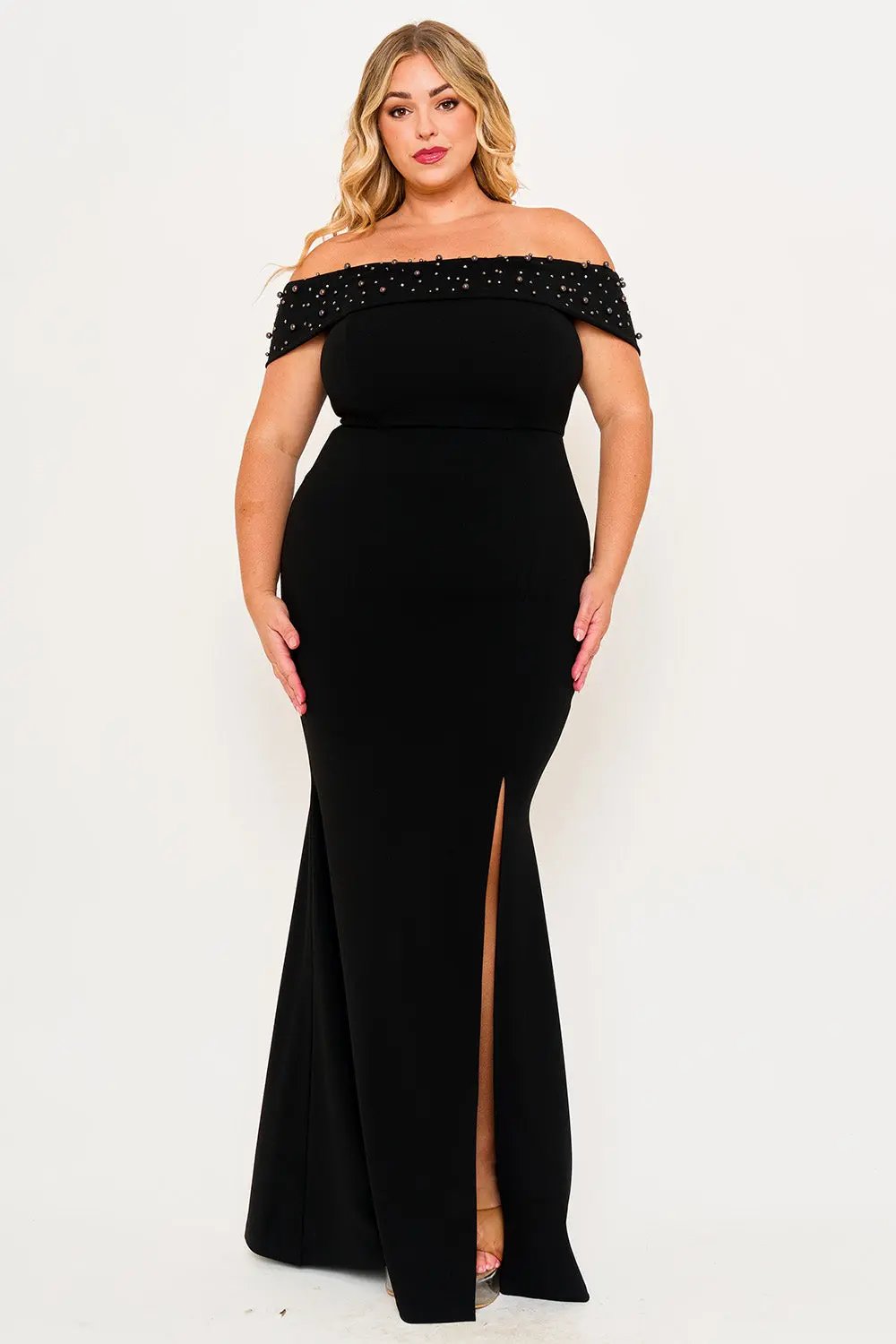 Plus Size Maxi Dress - Pearl Beaded Off Shoulder Mermaid Gown With Slit BOUTINIE