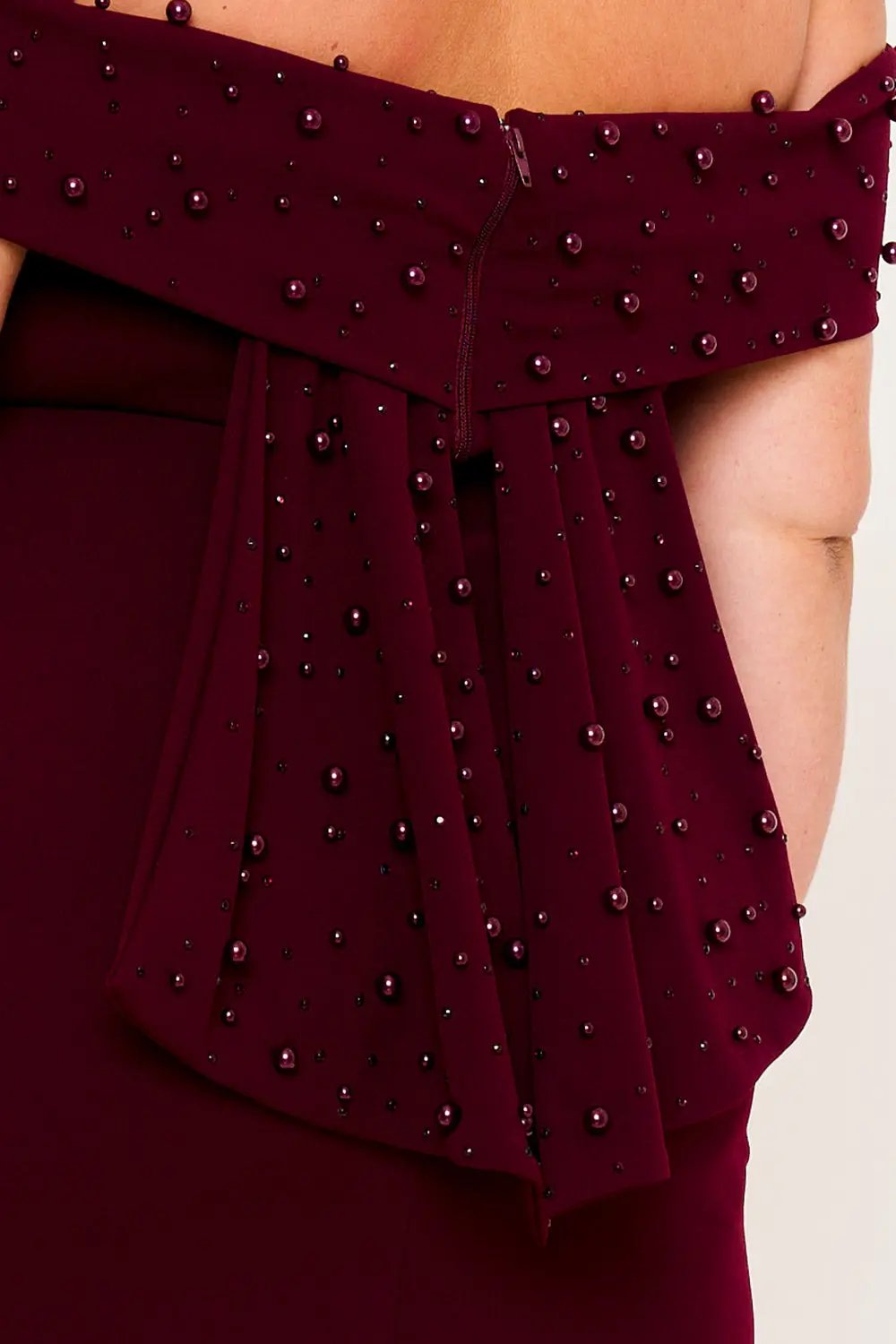 Plus Size Maxi Dress - Pearl Beaded Off Shoulder Mermaid Gown With Slit BOUTINIE