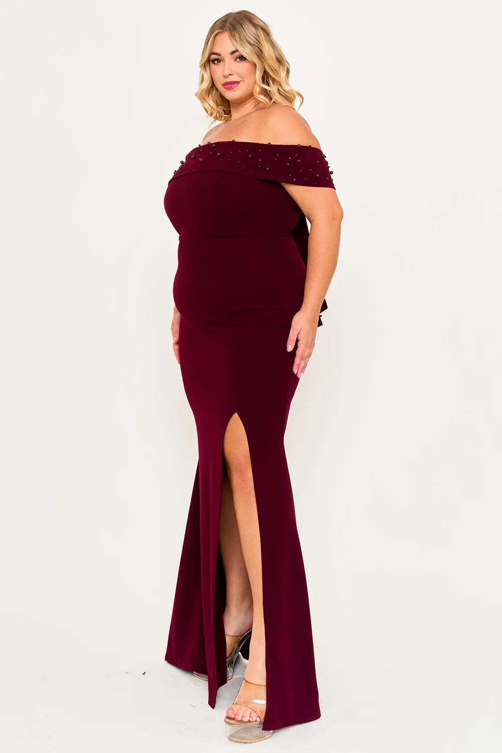 Plus Size Maxi Dress - Pearl Beaded Off Shoulder Mermaid Gown With Slit BOUTINIE