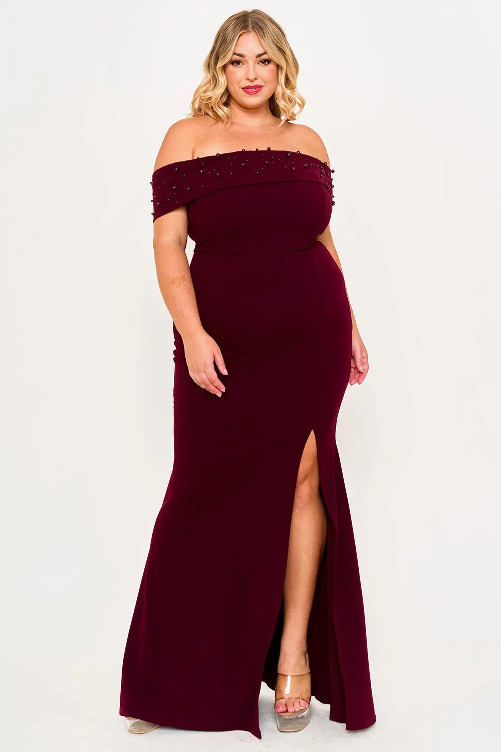 Plus Size Maxi Dress - Pearl Beaded Off Shoulder Mermaid Gown With Slit BOUTINIE