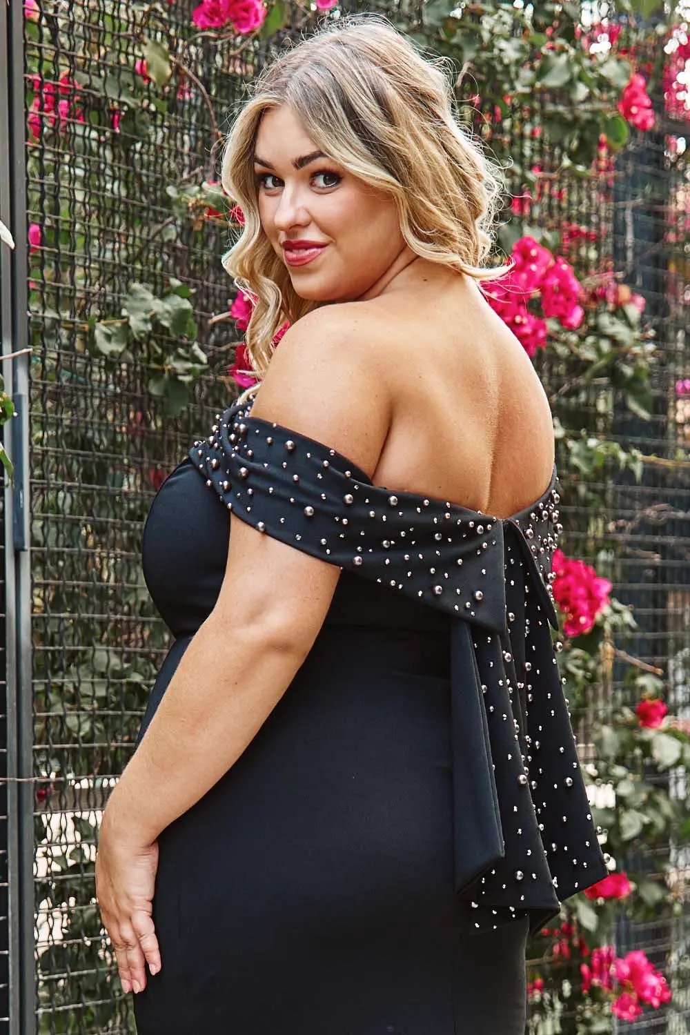 Plus Size Maxi Dress - Pearl Beaded Off Shoulder Mermaid Gown With Slit BOUTINIE