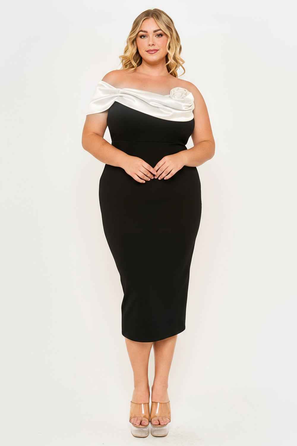 Satin Rose Off Shoulder Plus Size Mini Dress – Burgundy | Boutinie