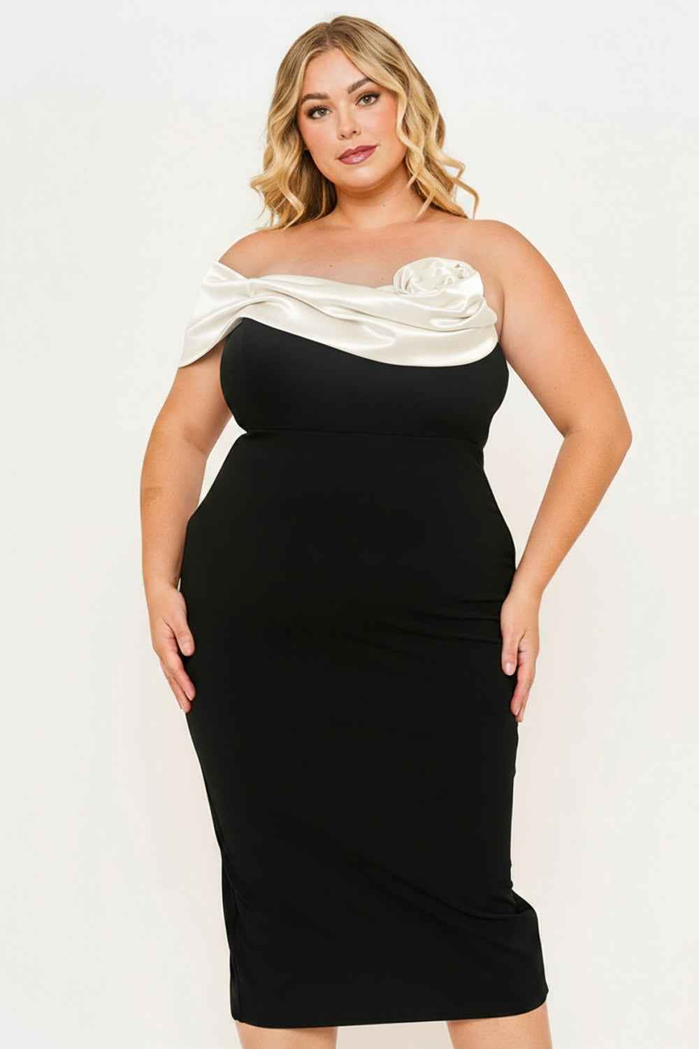 Satin Rose Off The Shoulder Plus Size Mini Dress