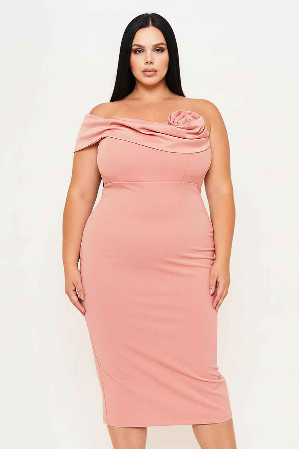 Satin Rose Off The Shoulder Plus Size Mini Dress