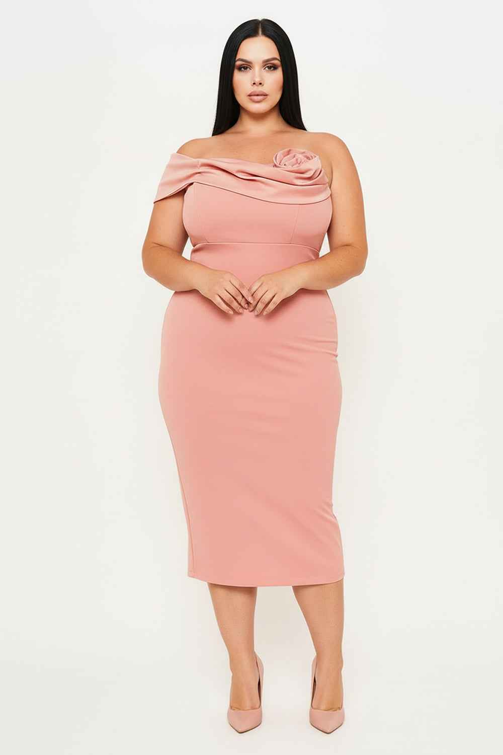 Satin Rose Off The Shoulder Plus Size Mini Dress