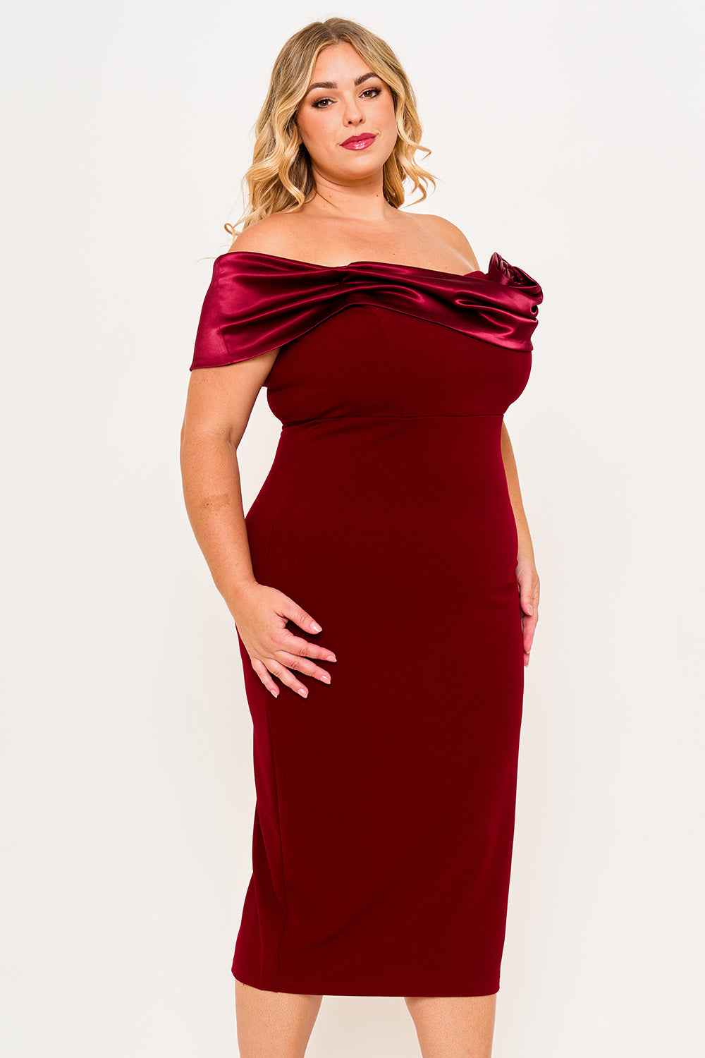 Satin Rose Off The Shoulder Plus Size Mini Dress