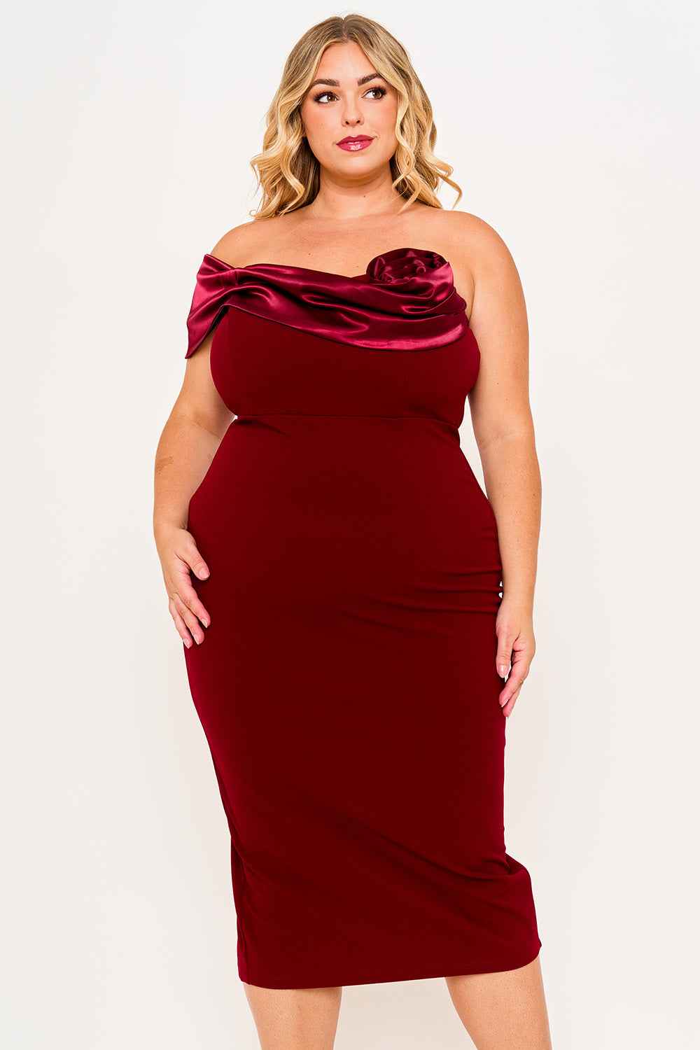 Satin Rose Off The Shoulder Plus Size Mini Dress
