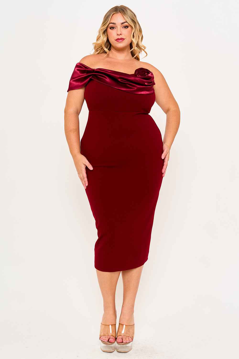 Satin Rose Off The Shoulder Plus Size Mini Dress