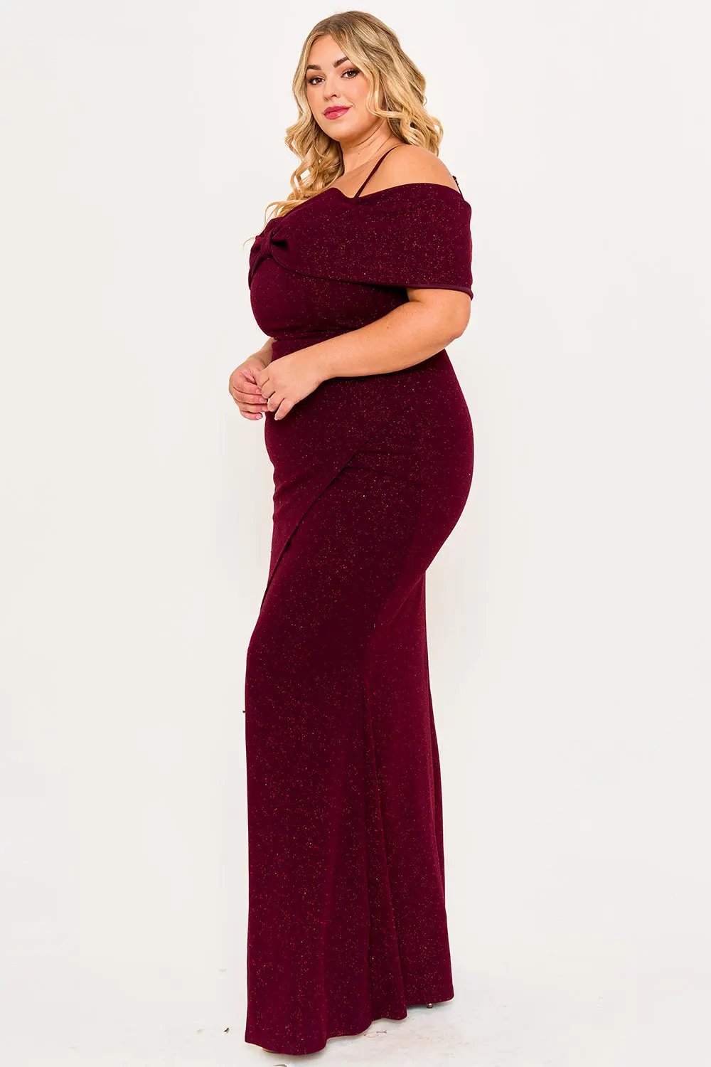 Plus Size Maxi Dress – Adjustable Strap Glitter Bow Gown With Pleated Waist BOUTINIE