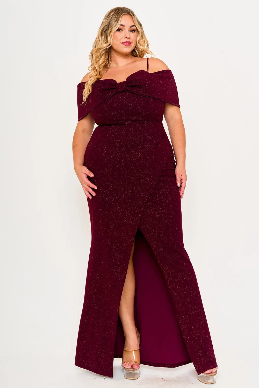 Plus Size Maxi Dress – Adjustable Strap Glitter Bow Gown With Pleated Waist BOUTINIE