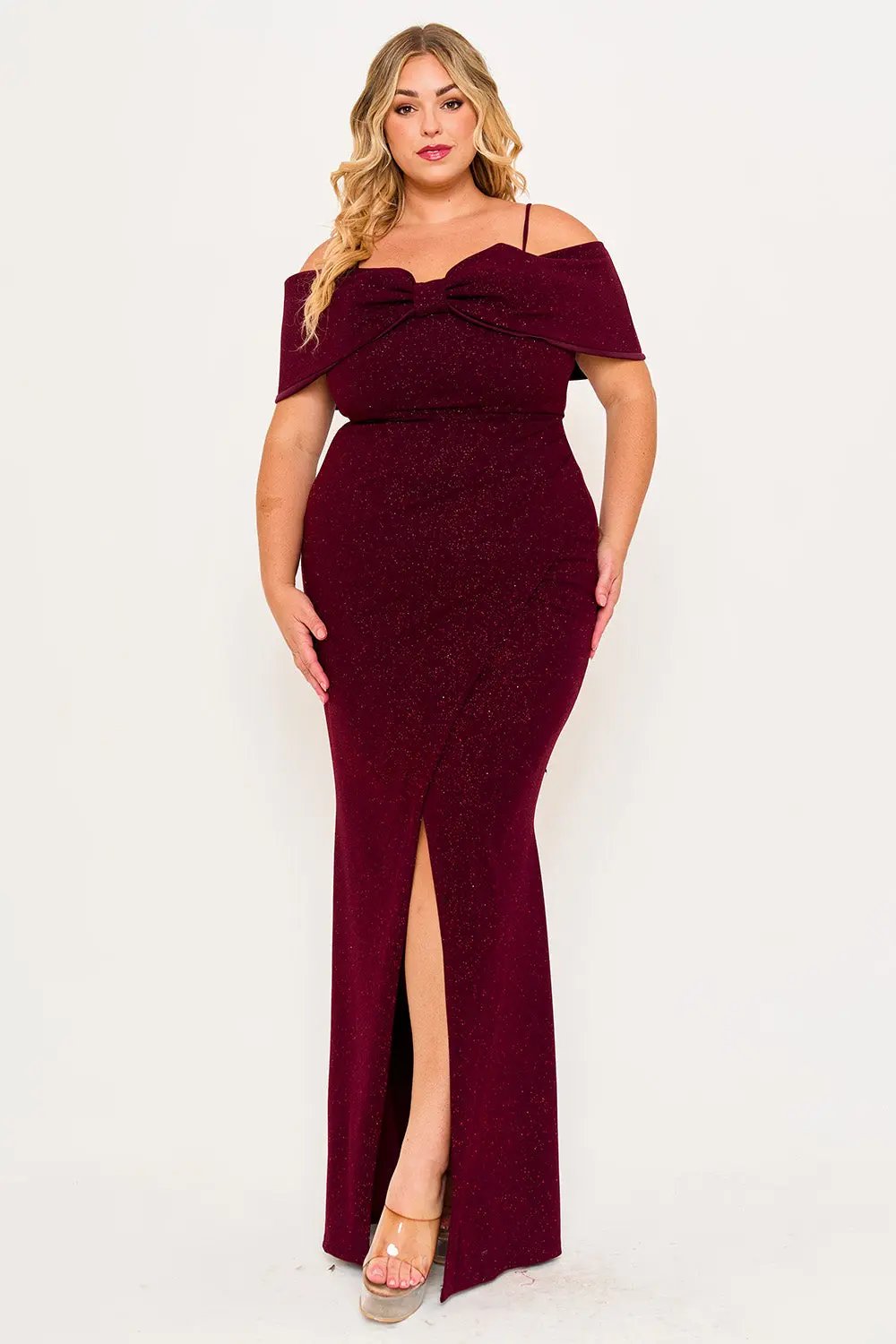 Plus Size Maxi Dress – Adjustable Strap Glitter Bow Gown With Pleated Waist BOUTINIE