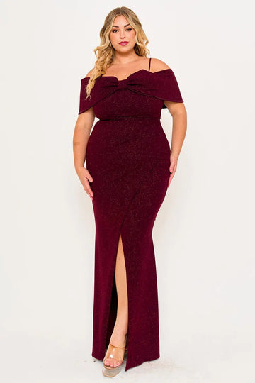 Plus Size Maxi Dress – Adjustable Strap Glitter Bow Gown With Pleated Waist BOUTINIE