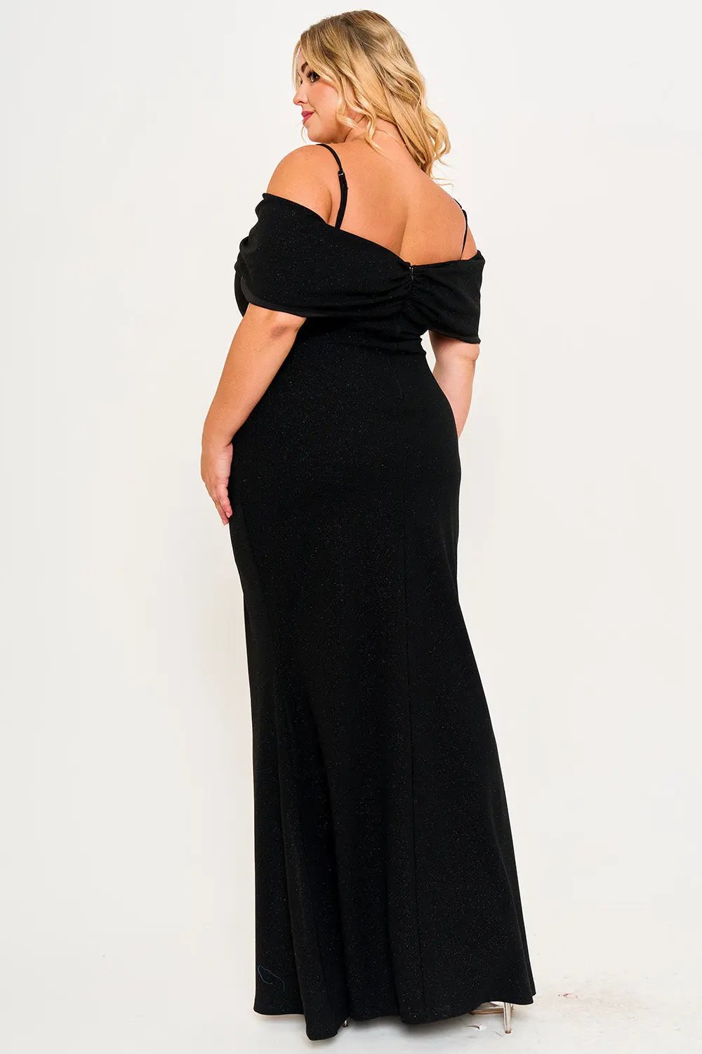 Plus Size Maxi Dress – Adjustable Strap Glitter Bow Gown With Pleated Waist BOUTINIE