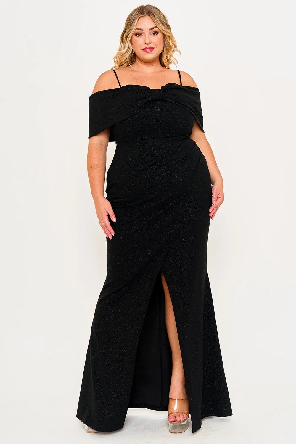Plus Size Maxi Dress – Adjustable Strap Glitter Bow Gown With Pleated Waist BOUTINIE