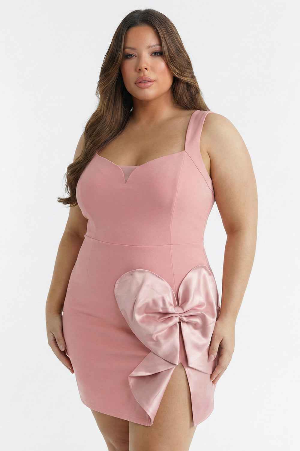 Satin Bow Detail Plus Size Mini Dress