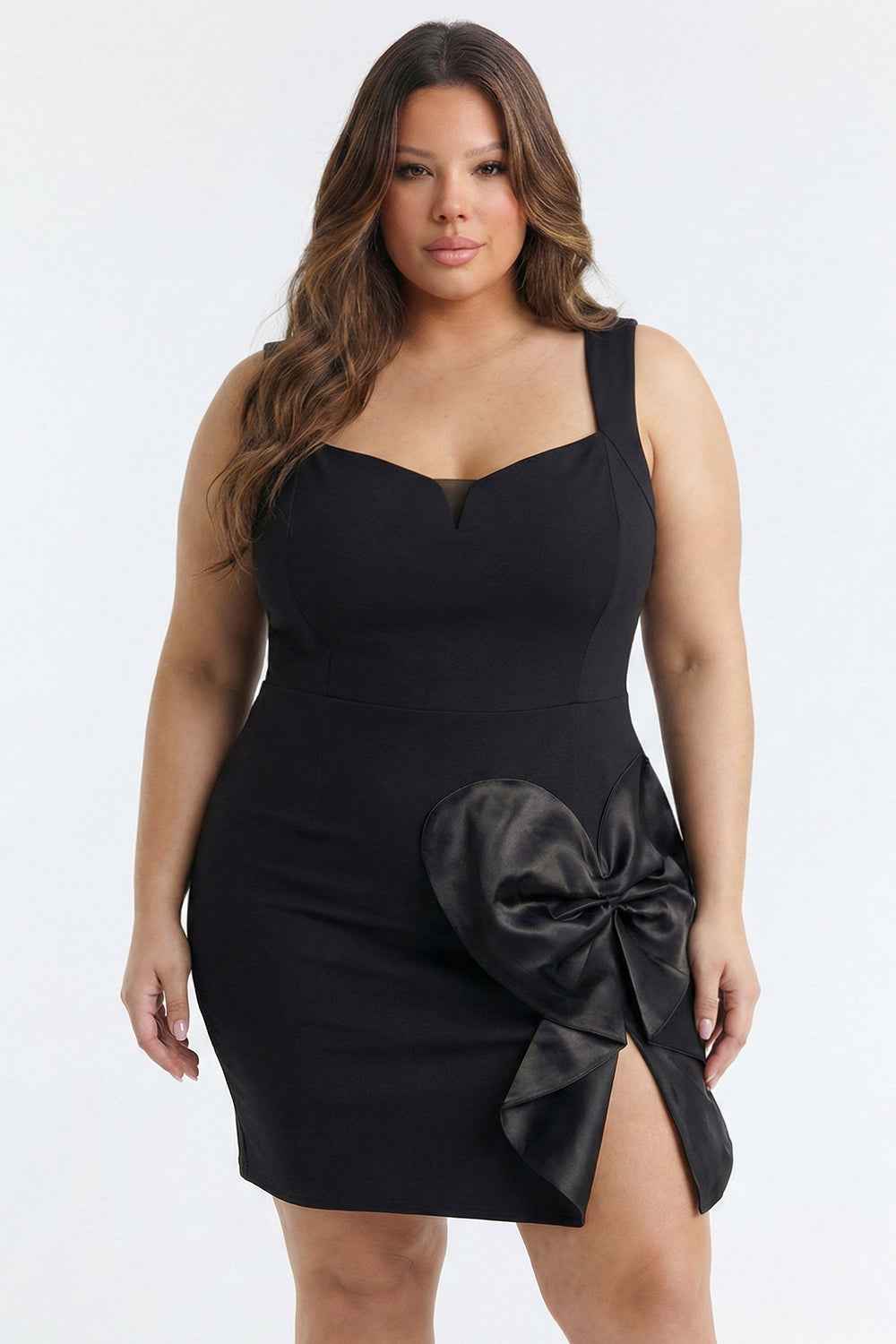 Satin Bow Detail Plus Size Mini Dress