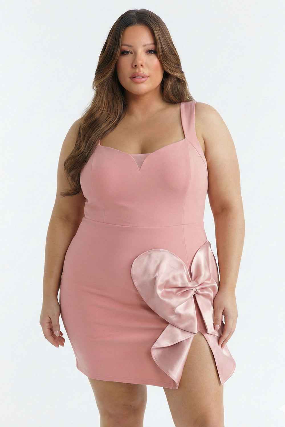 Satin Bow Detail Plus Size Mini Dress
