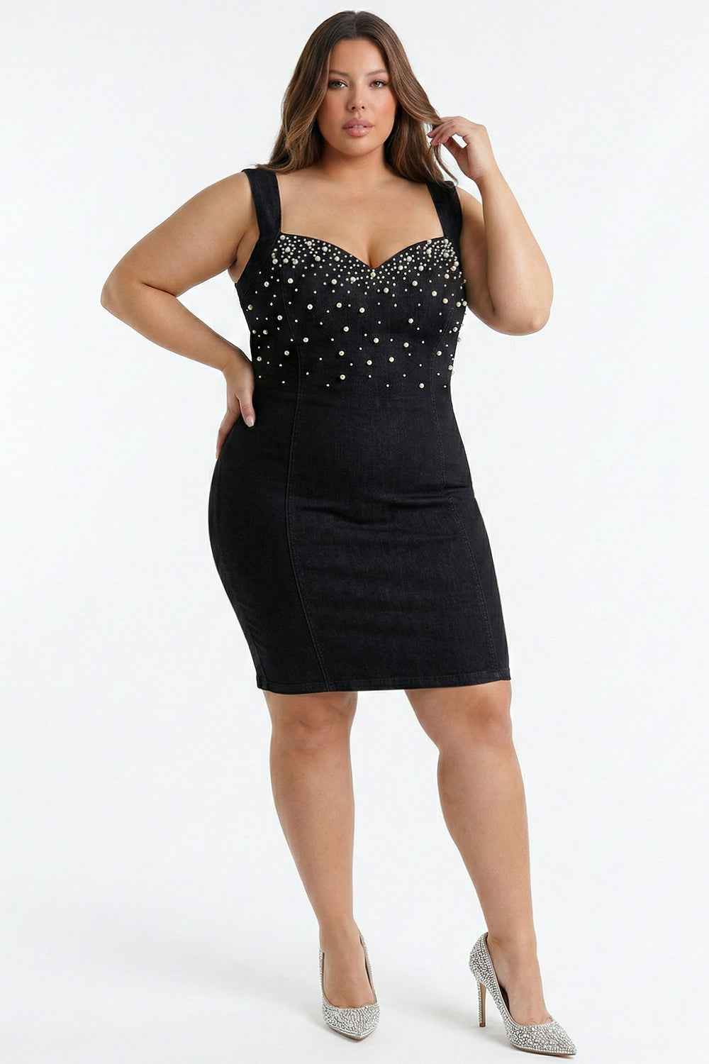 Pearl Beaded Denim Plus Size Mini Dress – Black | Boutinie