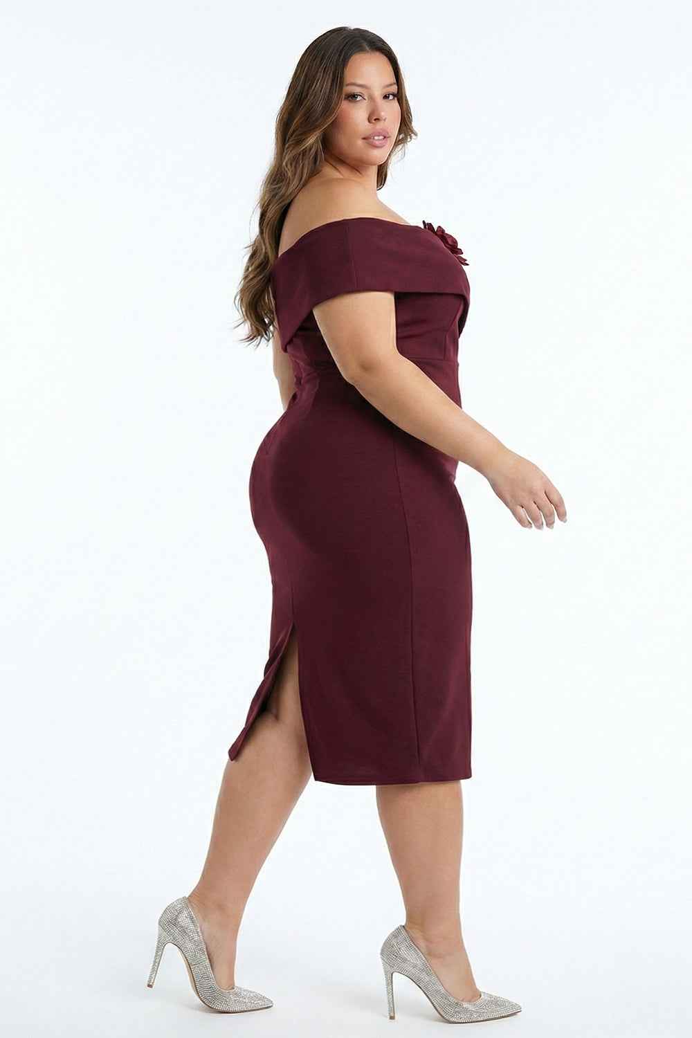 Flower Corsage Side Detail Plus Size Midi Dress