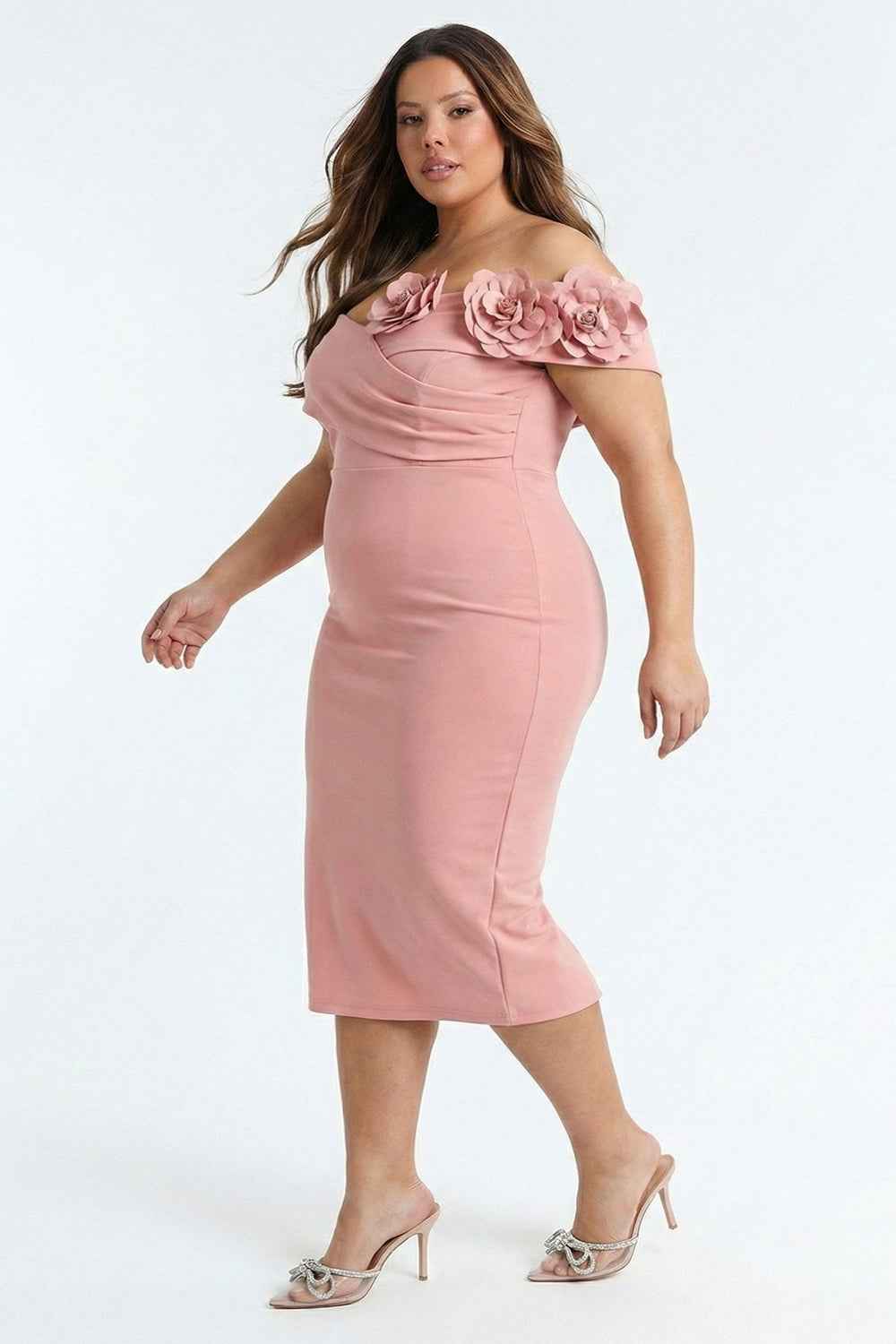 Flower Corsage Side Detail Plus Size Midi Dress