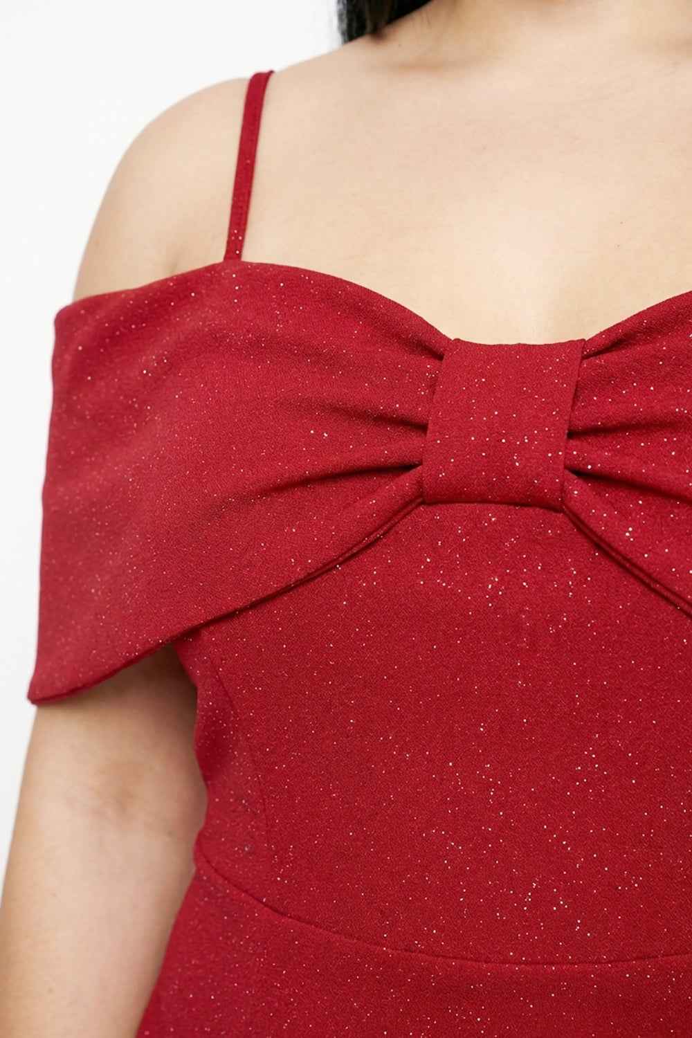 Glitter Bow Front Off The Shoulder Plus Size Midi Dress