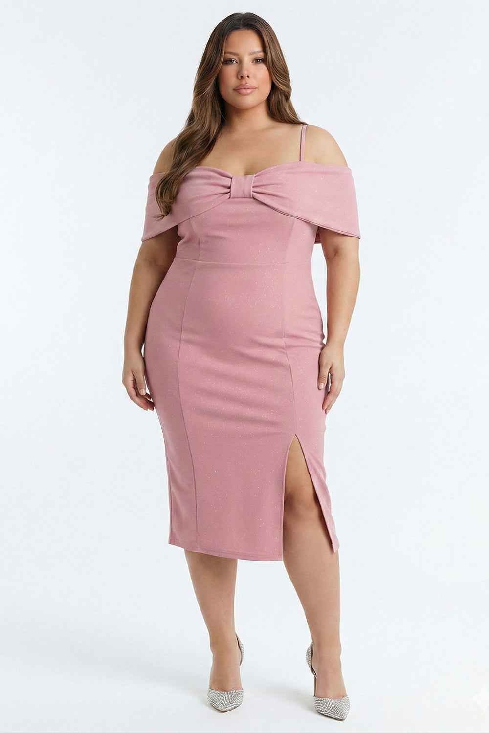 Glitter Bow Front Off The Shoulder Plus Size Midi Dress