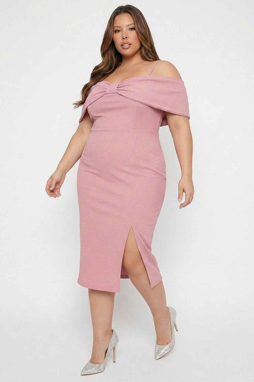 Glitter Bow Front Off The Shoulder Plus Size Midi Dress