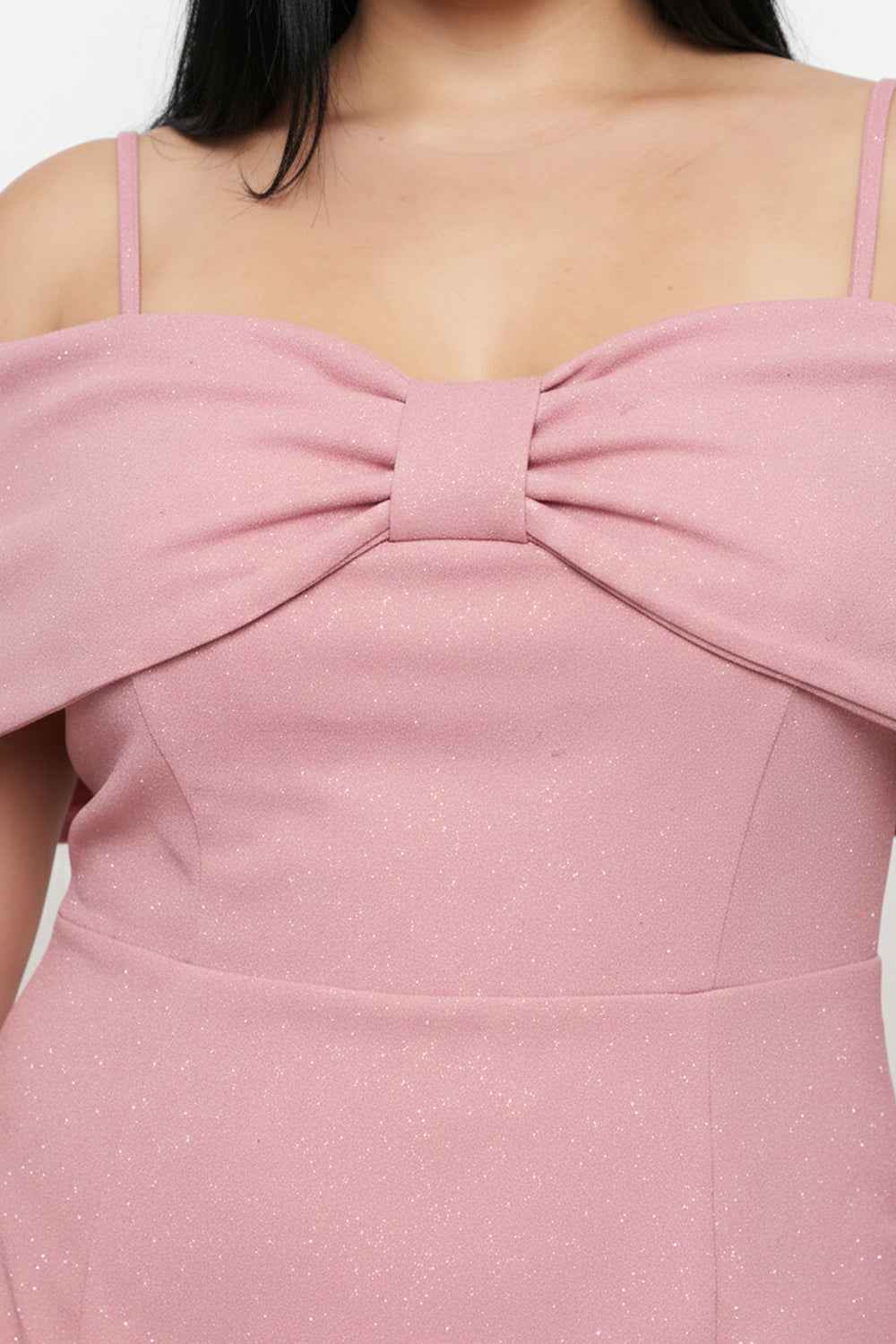 Glitter Bow Front Off The Shoulder Plus Size Midi Dress