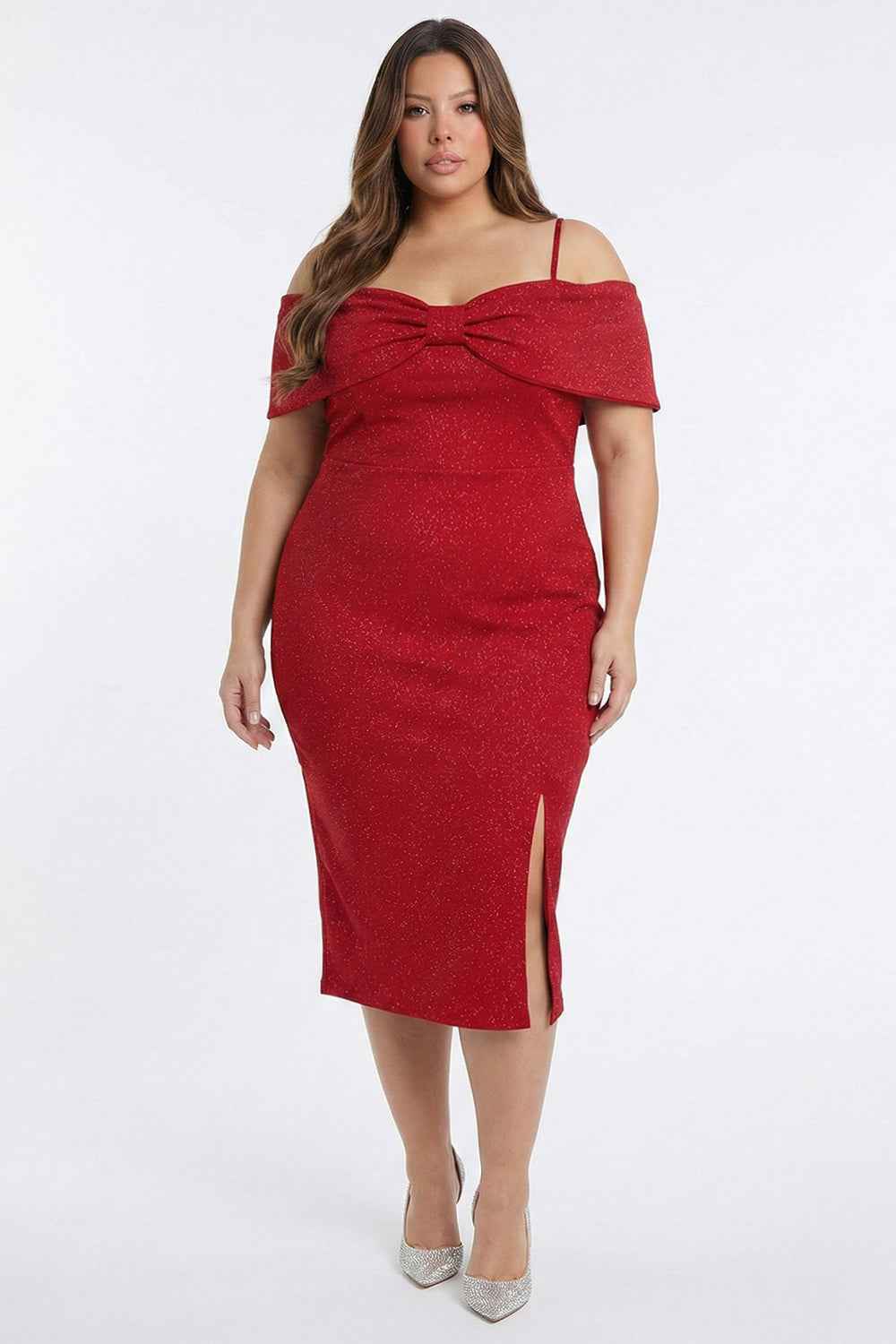 Glitter Bow Front Off The Shoulder Plus Size Midi Dress