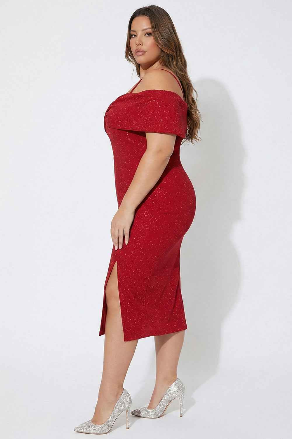 Glitter Bow Front Off The Shoulder Plus Size Midi Dress