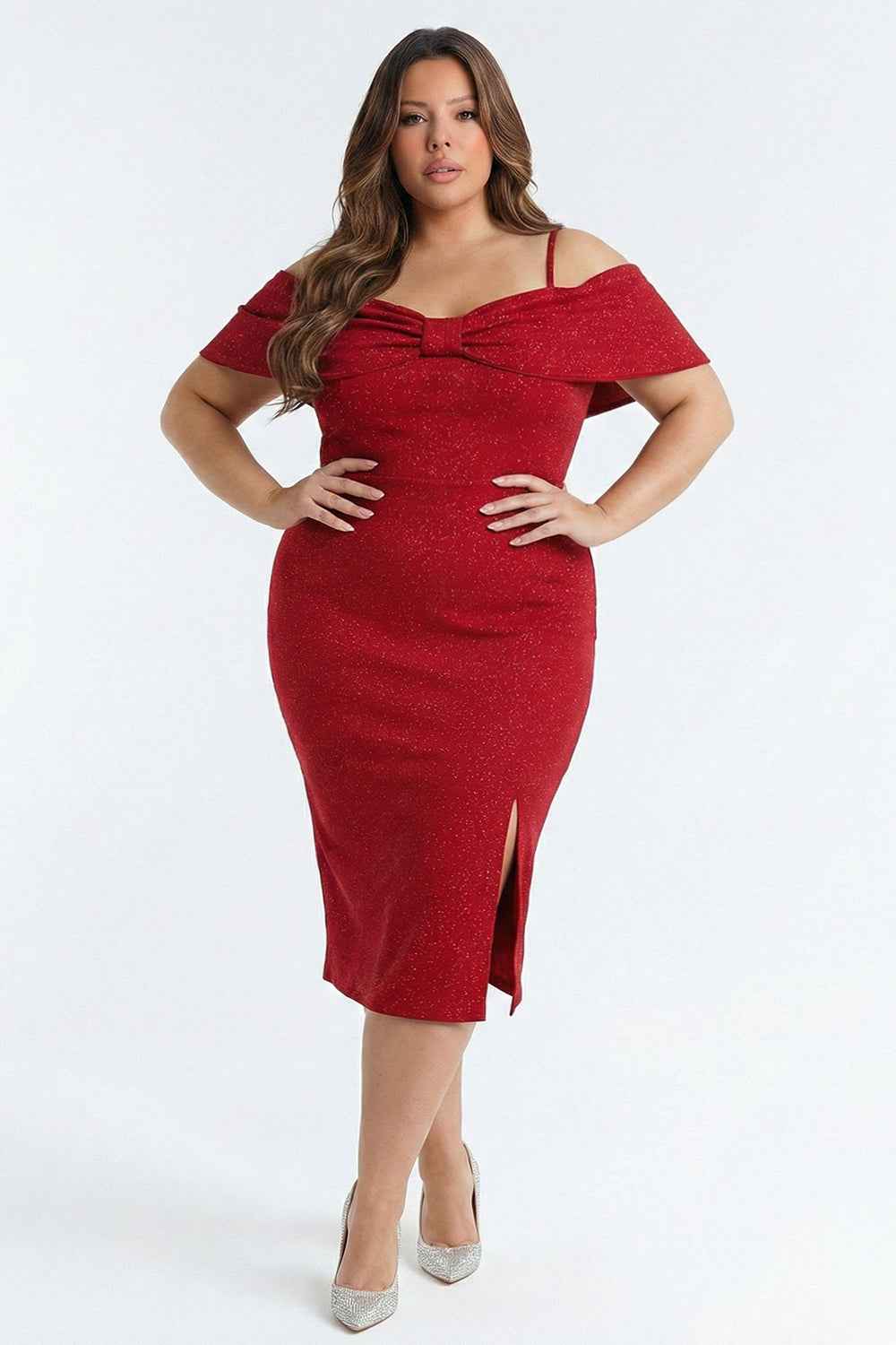 Glitter Bow Front Off The Shoulder Plus Size Midi Dress