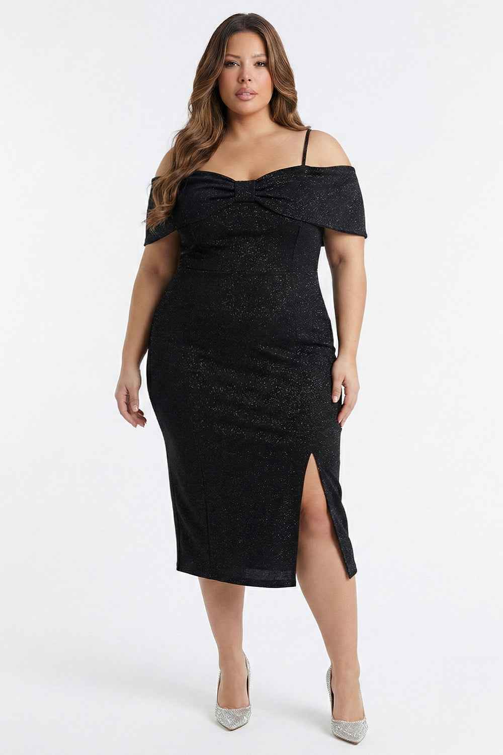 Glitter Bow Front Off The Shoulder Plus Size Midi Dress